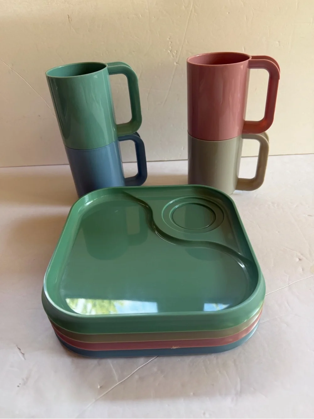 Vintage Am Pro Line Snack Set Mug & Plate Plastic 80s Pink Blue Grey Green